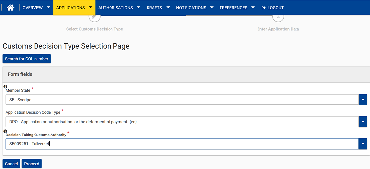 Bild av sidan Customs Decision Type Selection Page i CDS