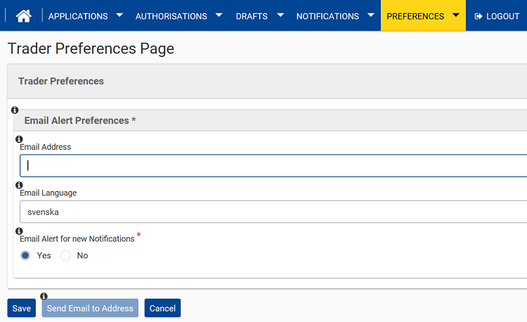 Bild av sidan Trader Preferences Page
