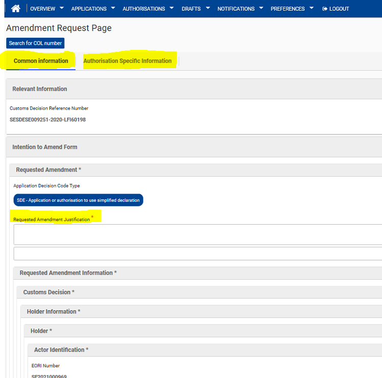 Bild av sidan Amendment Request Page i CDS