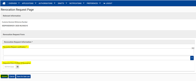 Bild av sidan Revocation Request Page i CDS