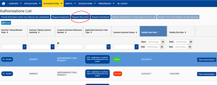 Bild av sidan Authorisations List i CDS med fliken Request Revocation markerad