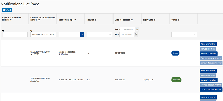 Bild av sidan Notifications List Page i CDS