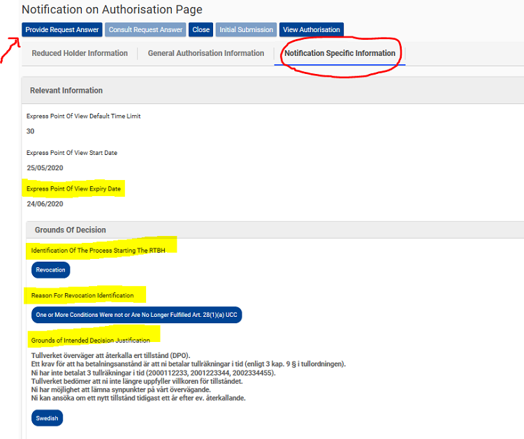 Bild av sidan Notification on Authorisation Page i CDS