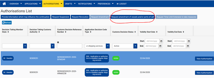 Bild på sidan View Authorisation Page med fältet Request Amendment gulmarkerat.