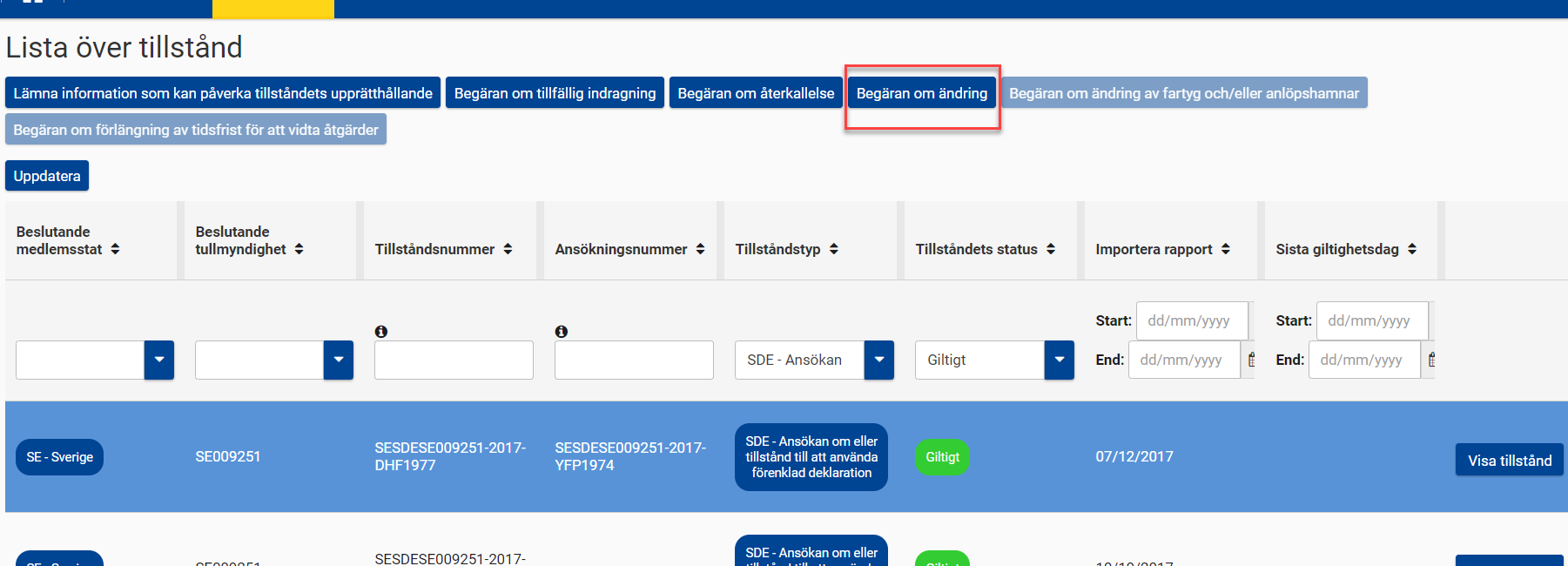 Bild på sidan View Authorisation Page med fältet Request Amendment gulmarkerat.