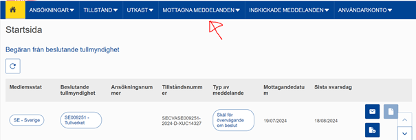 Bild av sidan Startsida i CDS med fliken Mottagna meddelanden markerad