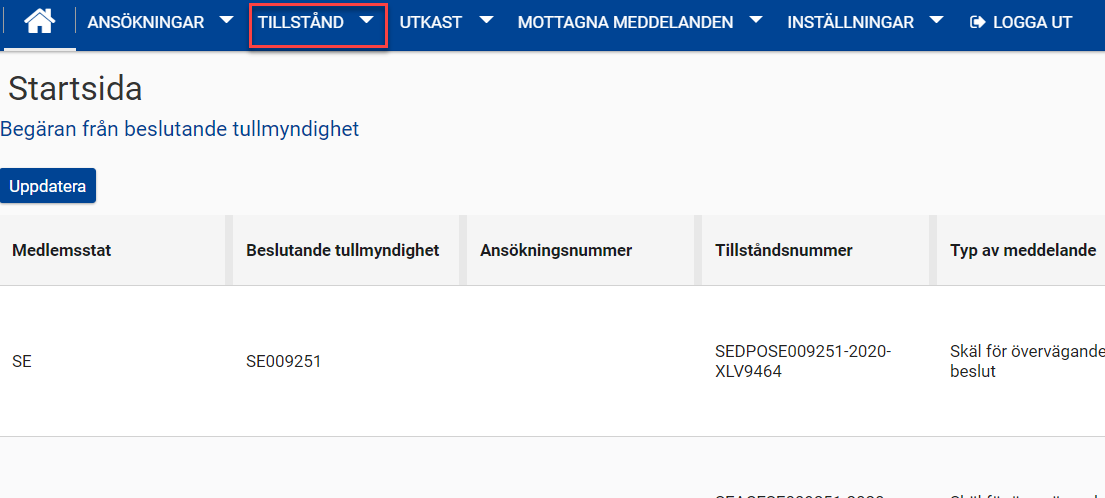 Startsidan i Systemet för tullbeslut