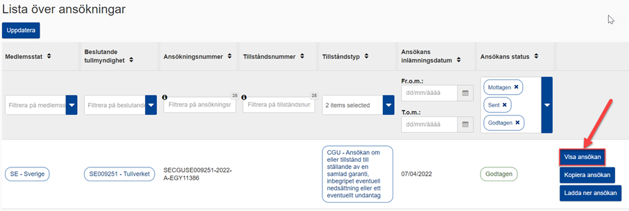Sidan Lista över ansökningar i CDS med knappen Visa ansökan markerad