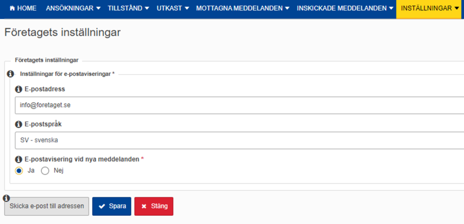 Sidan Företagets inställningar i systemet för tullbeslut