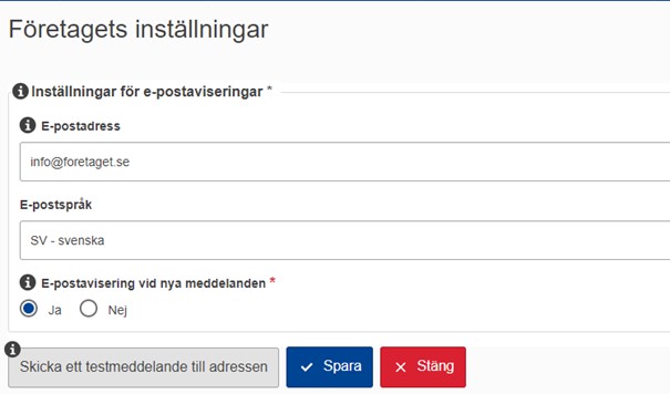 Skärmdump på företagets inställningar.