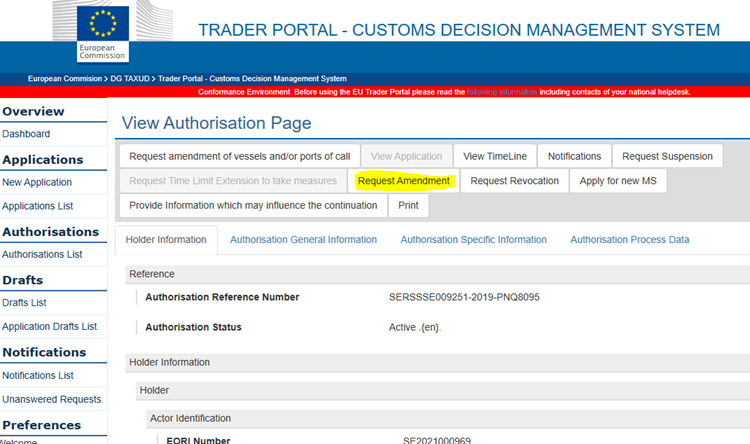 Bild på sidan View Authorisation Page med fältet Request Amendment gulmarkerat.