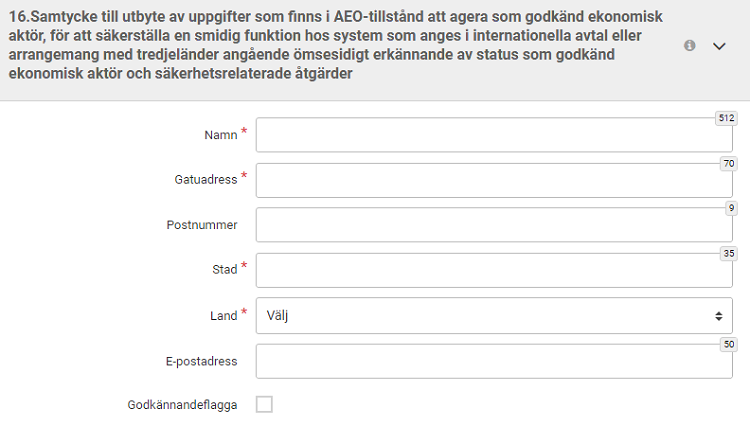 Samtycke till utbyte av uppgifter som finns i AEO-tillstånd att agera som godkänd ekonomisk aktör, för att säkerställa en smidig funktion hos system som anges i internationella avtal eller arrangemang med tredjeländer angående ömsesidigt erkännande av status som godkänd ekonomisk aktör och säkerhetsrelaterade åtgärder