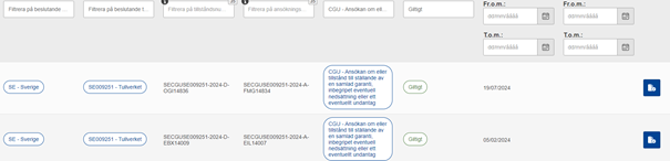 På sidan Lista över tillstånd visas en lista över ditt företags tillstånd som du har beviljats i systemet. Leta upp det tillstånd du vill återta begäran om ändring för och välj Visa tillstånd.