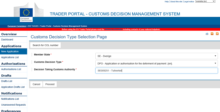Bild av webbsidan Type Selection Page i Systemet för tullbeslut
