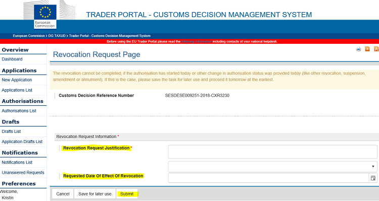 Bild av sidan Revocation Request Page med fältnamnen "Revocation Request Justification" och "Requested Date of Effect of Revocation" samt knappen "Submit" gulmarkerade.