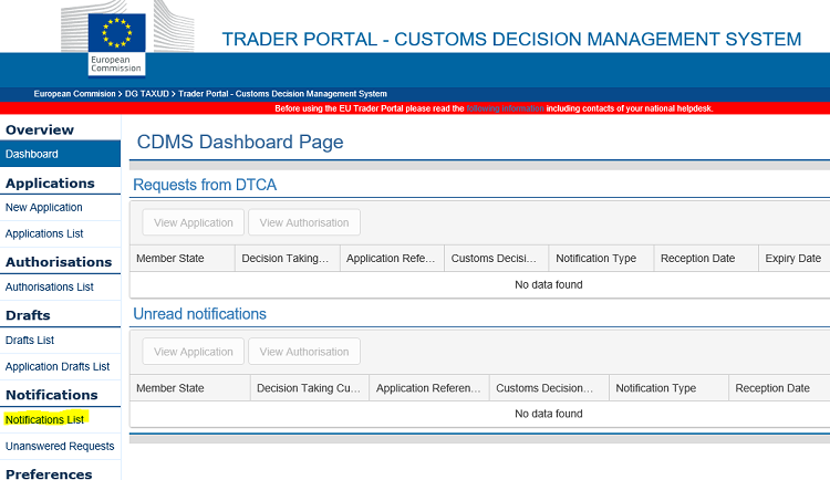 Bild på sidan CDMS Dashboard Page med orden "Notifications List" gulmarkerade.