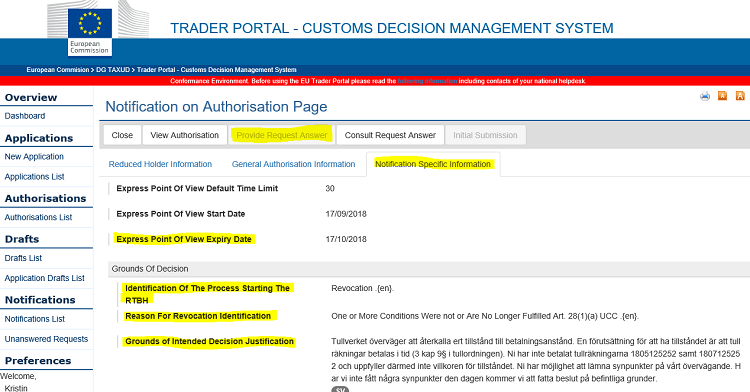 Bild på sidan Notification on Authorisation Page