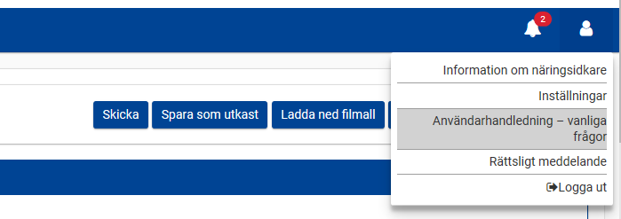 Skärmklipp ur EU-portalen som visar var man hittar användarhandledningen högst upp i högra hörnet under profil-ikonen.
