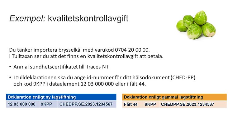 Om en kvalitetskontrollavgift tas ut betalar du ingen separat växtskyddsavgift. Avgiften erläggs enligt åtgärdsvillkor för kvalitetskontrollavgiften baserat på den importerade nettovikten. Sundhetscertifikatet anmäls till Traces NT. Ange id-numret för ditt hälsodokument (CHED-PP) samt koden 9KPP i fält 44 eller dataelement 12 03 000 000