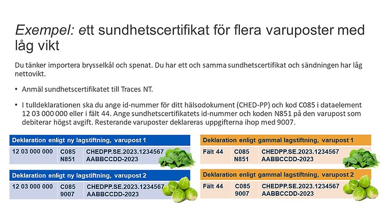 Växtskyddsavgiften kan debiteras på ett sundhetscertifikat men deklarationen innehåller många varor med låg vikt på olika varuposter. Används ett och samma sundhetscertifikat på flera varuposter ska du deklarera det ihop med N851 på den varupost som debiterar högst avgift. Resterande varuposter deklareras uppgifterna ihop med 9006 eller 9007.