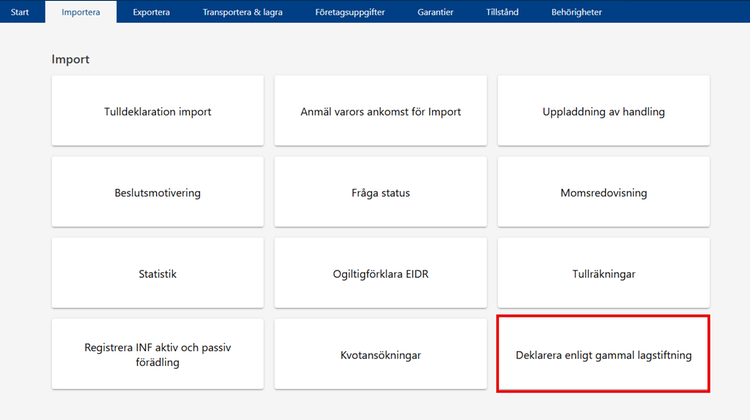 Portalen för e-tjänster från och med 5 november 2025 med valet deklarera enligt gammal lagstiftning markerat