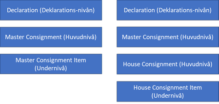 Alternativ 1: Declaration (Deklarationsnivån), Master Consignment (Huvudnivå) och Master Consignment Item (Undernivå). Alternativ 2: Declaration (Deklarationsnivån), Master Consignment (Huvudnivå), House Consignment (Huvudnivå) och House Consignment Item (Undernivå)