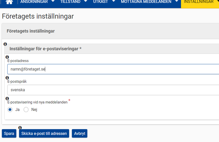 Sidan Företagets inställningar i Systemet för tullbeslut