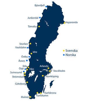 Karta över Sverige där orterna för tullkontor är utmärkta (samma som i listan nedan). 